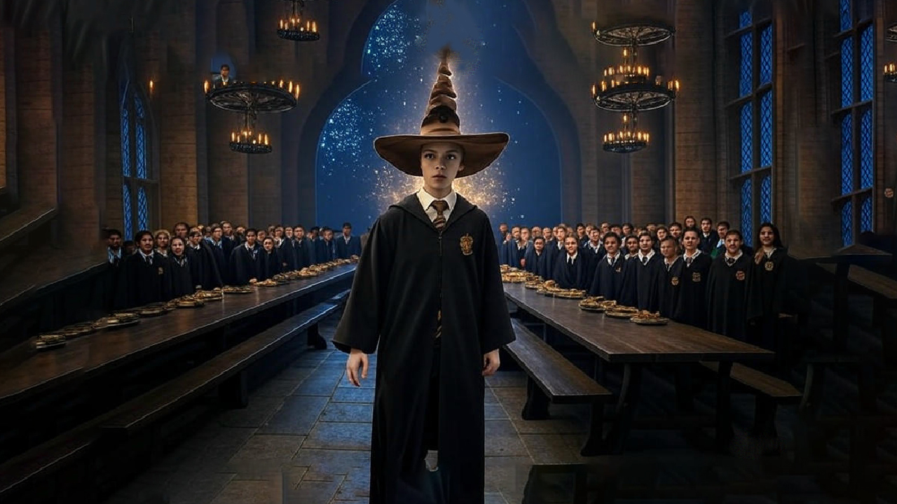 Young Hogwarts student wearing the glowing Sorting Hat during the magical Sorting Ceremony in the grand Hogwarts Great Hall, surrounded by fellow students at long tables under chandelier lighting.