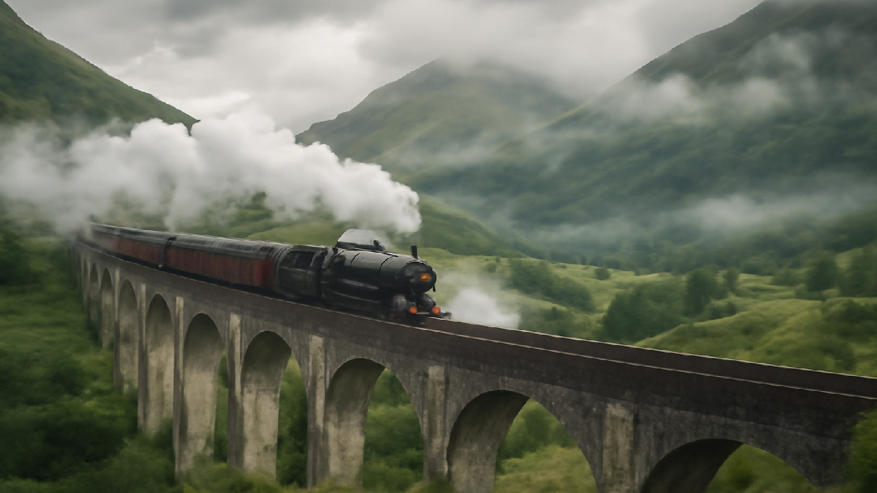 Hogwarts Express crossing the Glenfinnan Viaduct with steam billowing from the train, set against the dramatic, misty mountains and lush green landscape of the Scottish Highlands.