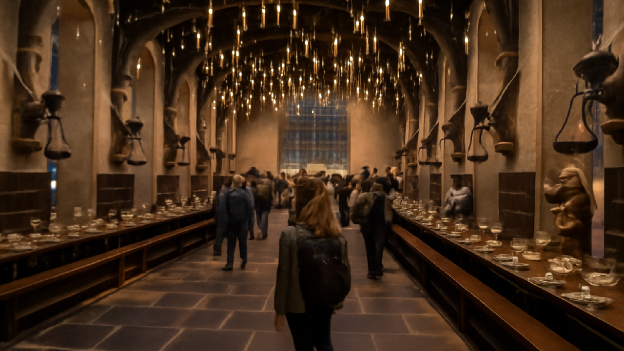 Visitors exploring the Great Hall at Warner Bros. Studio Tour London, with floating candles overhead and authentic film set details. The scene captures the grandeur and magic of the hall, with guests admiring the long dining tables and stone architecture.