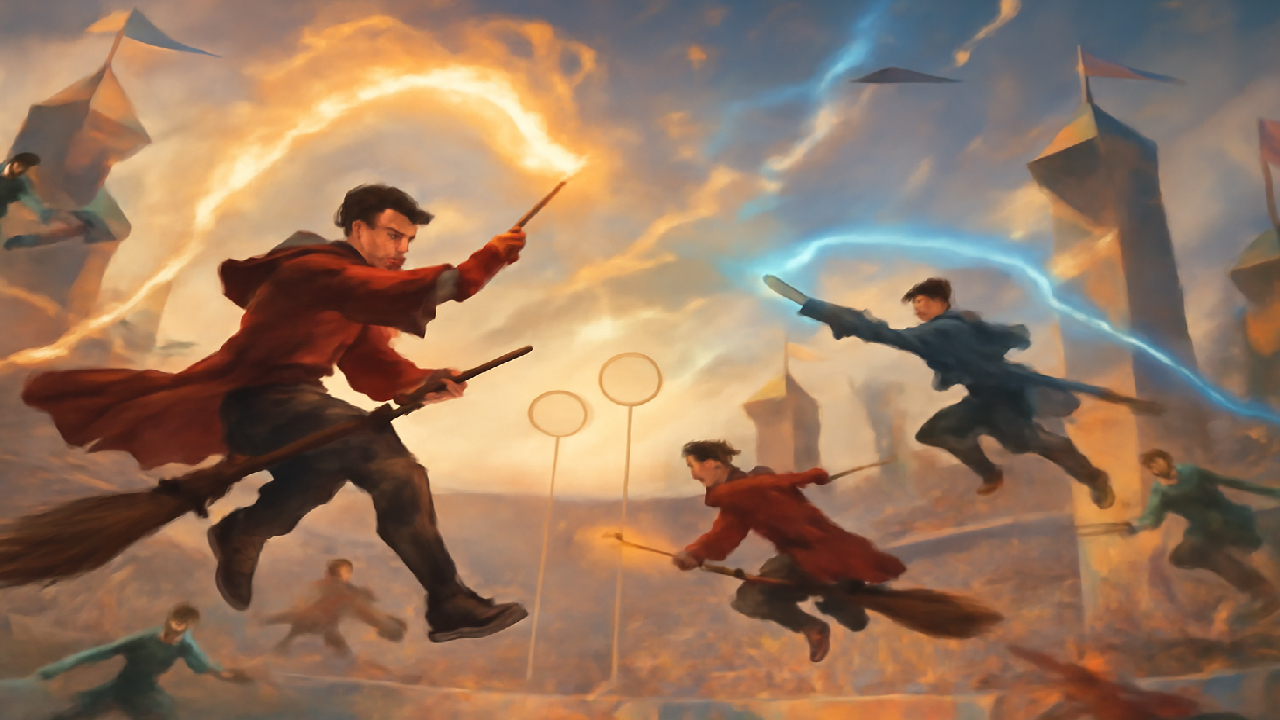 A thrilling Quidditch match in the wizarding world, with players flying on broomsticks, casting spells, and chasing the golden snitch in front of the iconic goalposts.