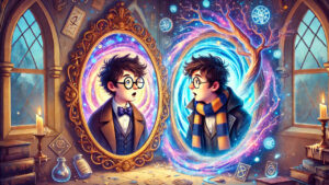 Harry Potter facing his mirror image, with magical portals swirling around them in a mystical setting filled with candles and ancient books.