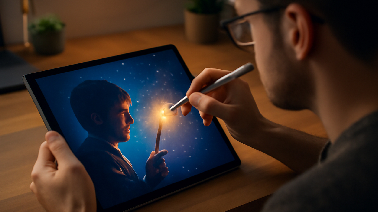 Realistic digital artwork of an artist using a graphics tablet to create Harry Potter fan art, with glowing magical effects and a cozy workspace atmosphere. 