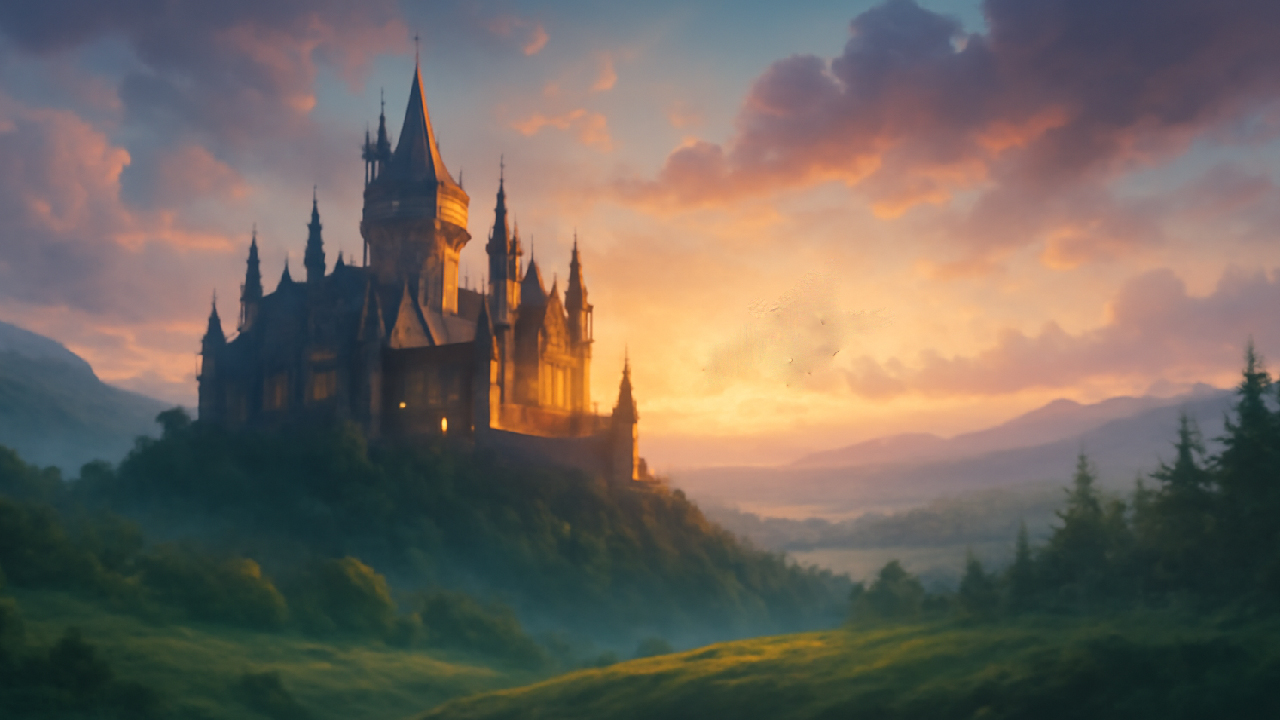 Magical castle perched on a hill, surrounded by rolling green hills and a misty forest, with a figure flying on a broomstick in the sky. The scene is bathed in warm golden light, evoking a sense of adventure and wonder, with vibrant colors and a mystical atmosphere.