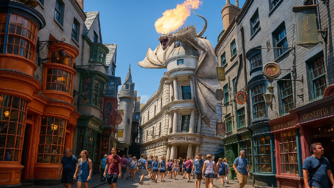 Diagon Alley at The Wizarding World of Harry Potter with fire-breathing dragon on Gringotts Bank, colorful shopfronts, and visitors — theme park experience.
