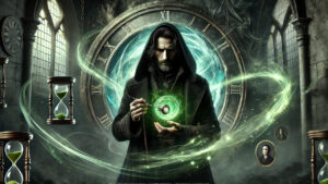 Severus Snape holding a glowing time-altering artifact, with swirling green magic, hourglasses, and portraits in a mystical time-themed setting with a large clock in the background.