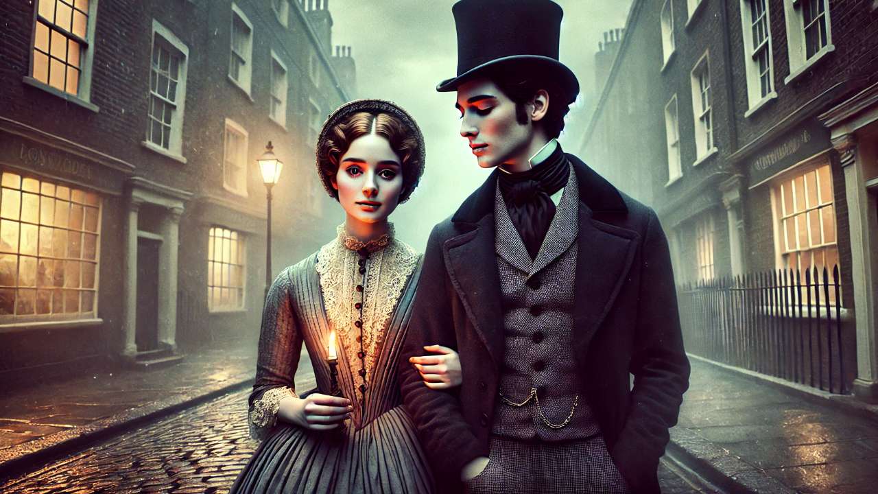 A Victorian couple walking through a foggy, cobblestone street at night, with the woman holding a lit candle and the man wearing a top hat, in a mysterious, historical setting.