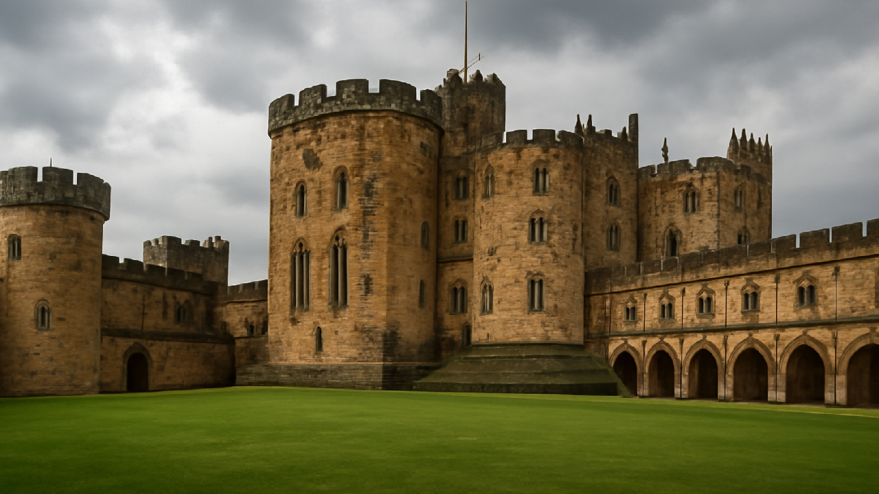 A majestic view of Alnwick Castle, showcasing its dramatic stone towers and expansive courtyard. The medieval fortress, with its weathered stone walls and Gothic architectural features, stands under a moody, overcast sky, exuding a timeless, formidable presence.