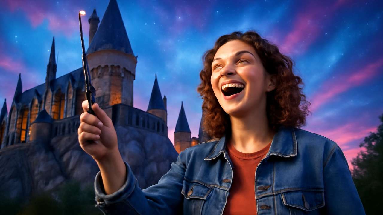 A first-time visitor at Universal Studios holding a wand in front of Hogwarts Castle, smiling with excitement and awe, set against a vibrant, magical background of twilight colors.
