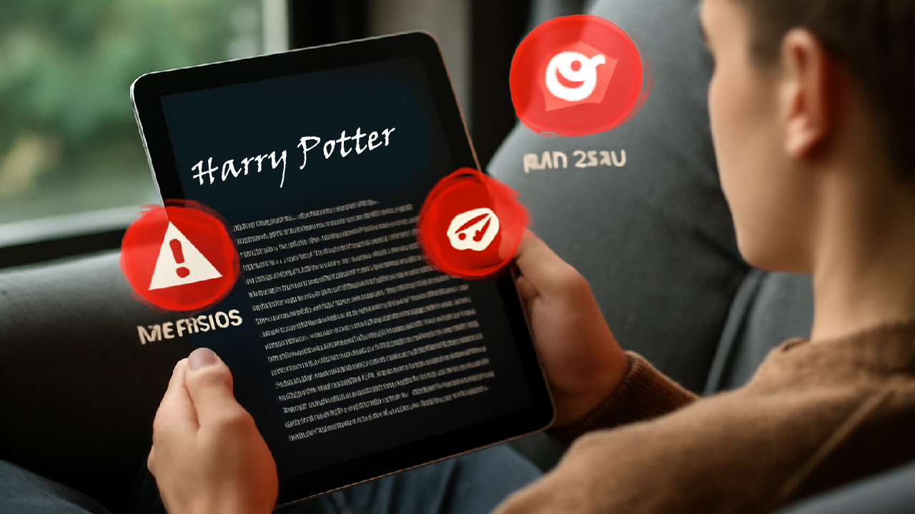 A person sitting in a cozy chair, reading Harry Potter fanfiction on a tablet, with floating icons above the screen indicating spoilers and content warnings, in a calm and inviting atmosphere. 