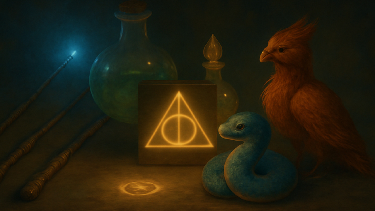 Digital painting of a mystical scene featuring enchanted items like glowing wands, a potion bottle, a rune-inscribed tablet, and a mythical phoenix. A coiled snake with golden eyes is prominently displayed, surrounded by soft, ethereal lighting. The scene captures the magical ambiance with warm and cool tones, showcasing the powerful nature of these magical objects.