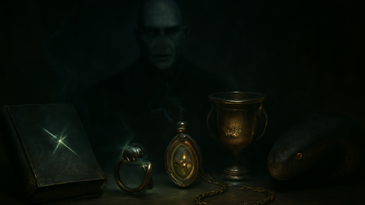 Voldemort's Horcruxes—diary, ring, locket, cup, and snake—arranged ominously on a wooden table, glowing with dark energy in a dimly lit room. A shadowy, faint figure of Voldemort looms in the background, adding a sinister atmosphere to the scene.