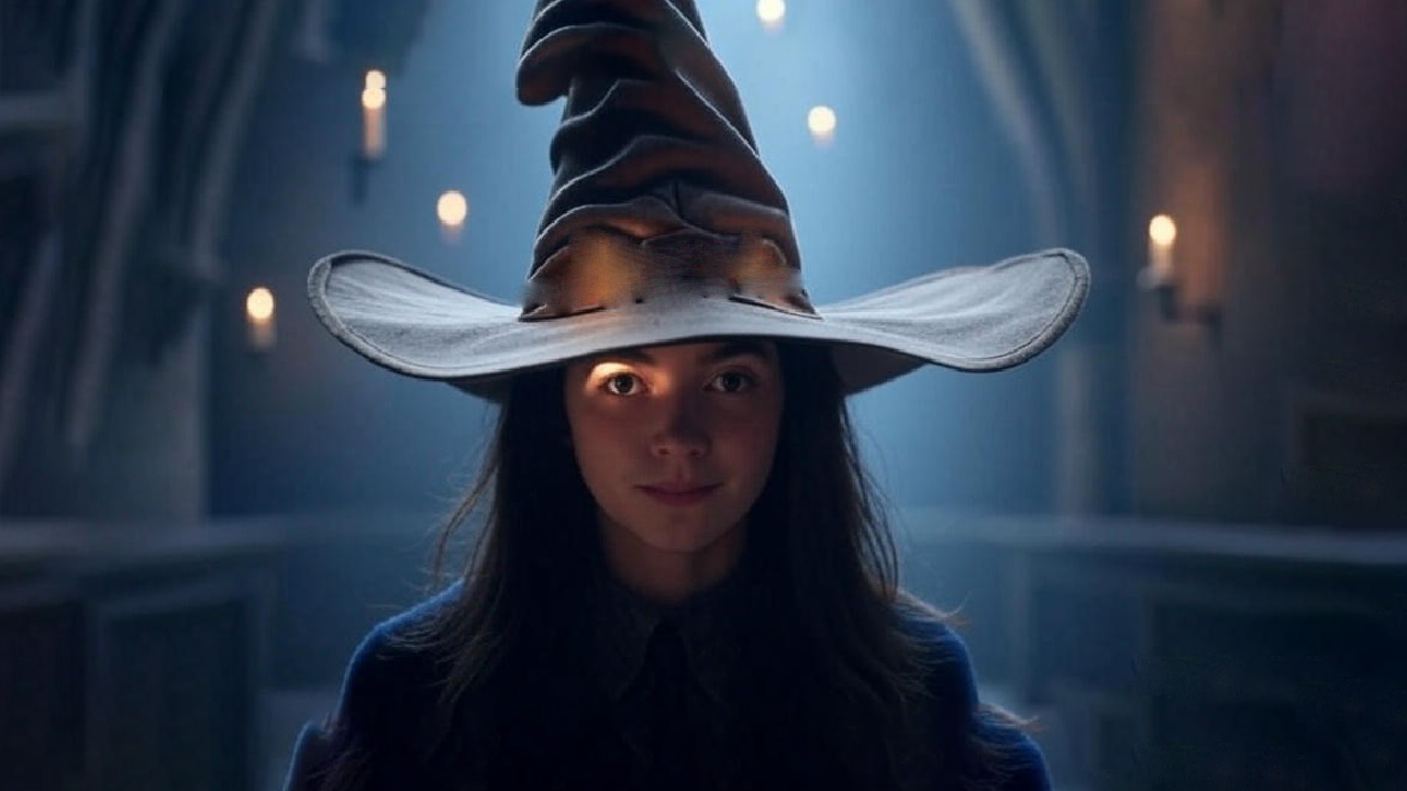 Close-up of a young Hogwarts student wearing the glowing Sorting Hat, surrounded by a mystical aura in an enchanted hall with floating candles, symbolizing the magical Sorting Ceremony.