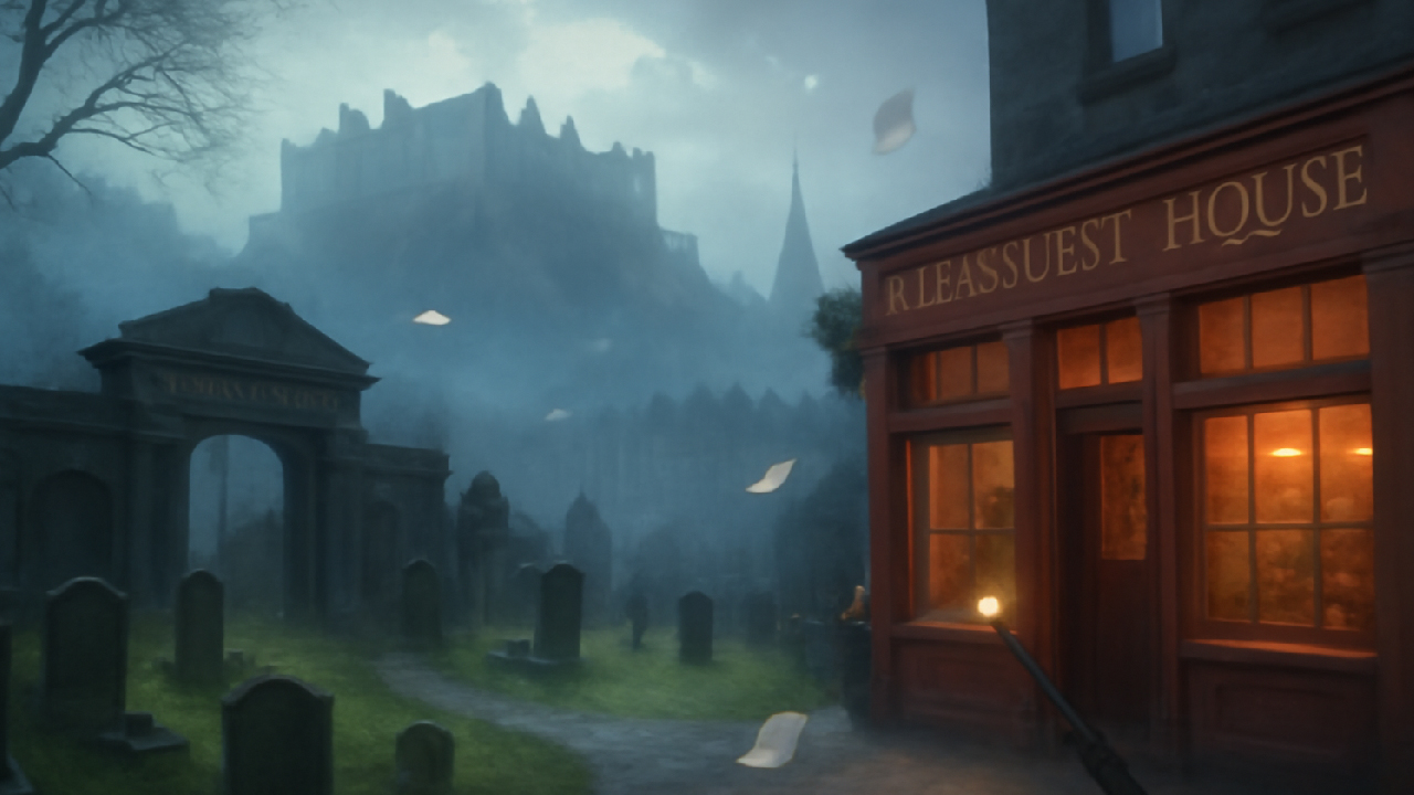 A mystical, foggy view of Edinburgh featuring Greyfriars Kirkyard and The Elephant House Café. The scene is bathed in soft light, with floating papers and magical elements enhancing the enchanting atmosphere. Edinburgh Castle looms in the background, adding to the magical, mysterious vibe.