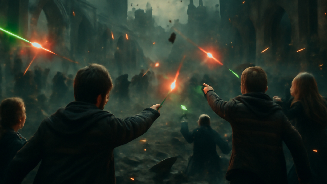A dramatic scene from the Battle of Hogwarts, with Harry, Ron, Hermione, and others casting powerful spells against dark forces amidst a ruined landscape, with sparks flying from their wands.