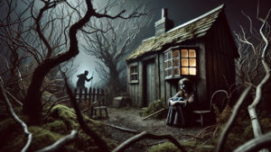 A spooky scene with a dilapidated house, gnarled trees, and a figure lurking in the background, while a mysterious figure sits in front of the house under eerie lighting.