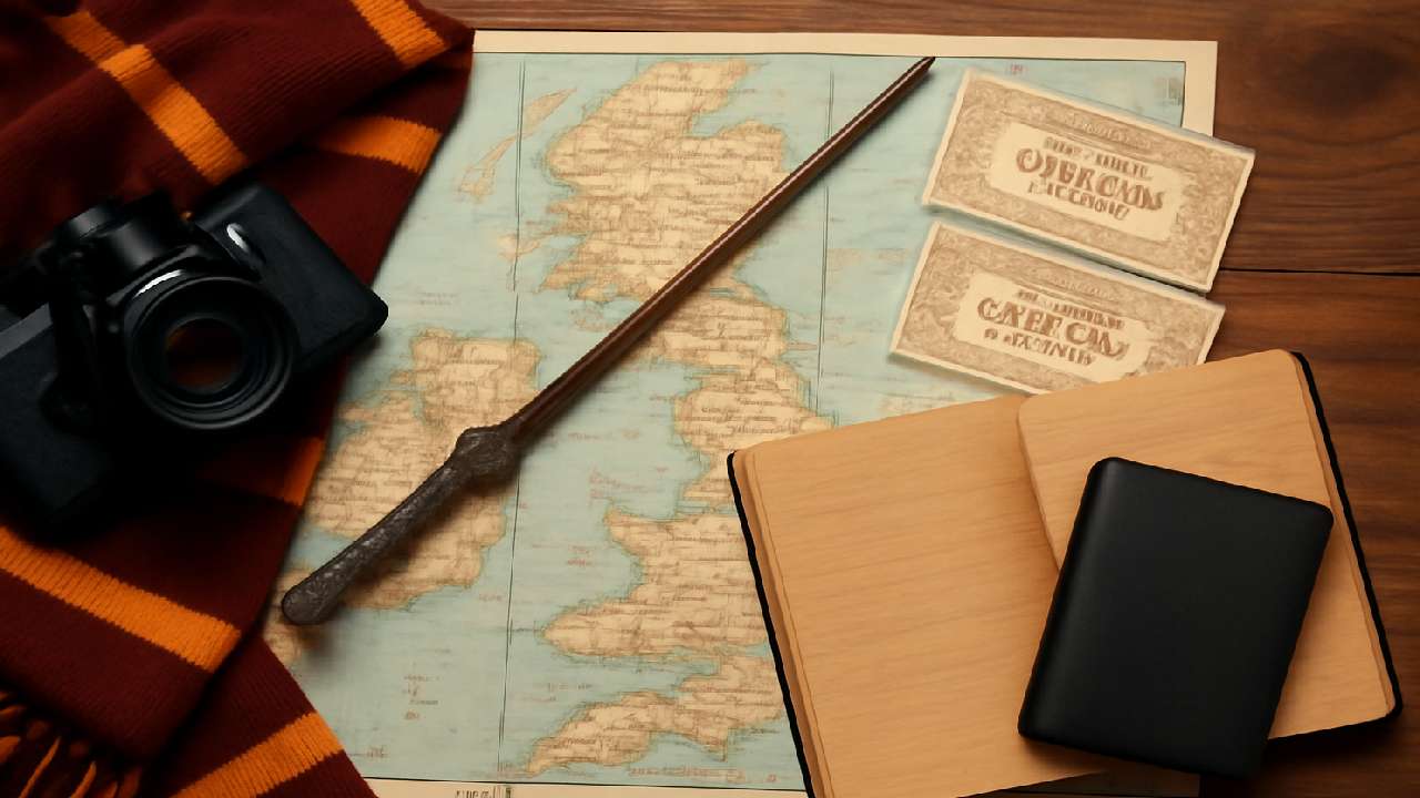 Flat lay of Harry Potter-themed travel planning items including a map of the UK, a Gryffindor scarf, a wand, vintage camera, Hogwarts Express tickets, and a notebook, set against a cozy wooden background, creating a magical atmosphere for planning a Harry Potter-themed adventure.
