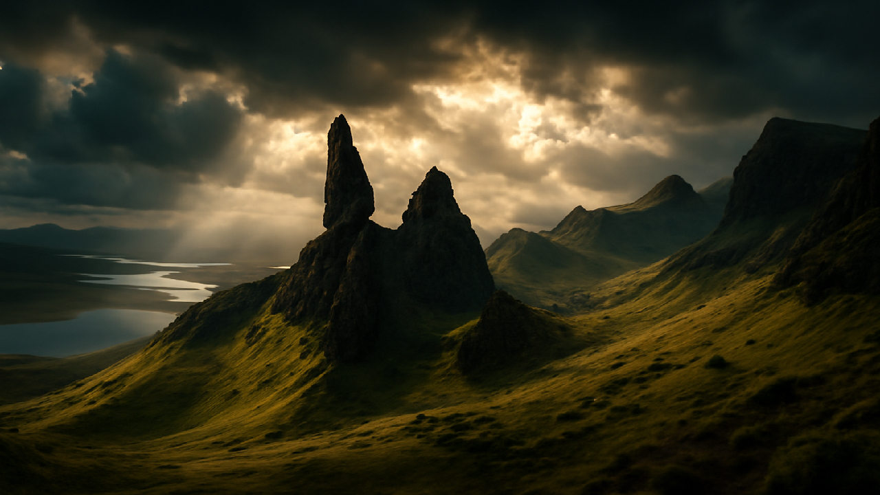 Mystical Isle of Skye landscape featuring the Old Man of Storr and Quiraing mountain range, bathed in dramatic sunlight and dark clouds, evoking a magical, otherworldly atmosphere akin to the scenes in the Harry Potter films.
