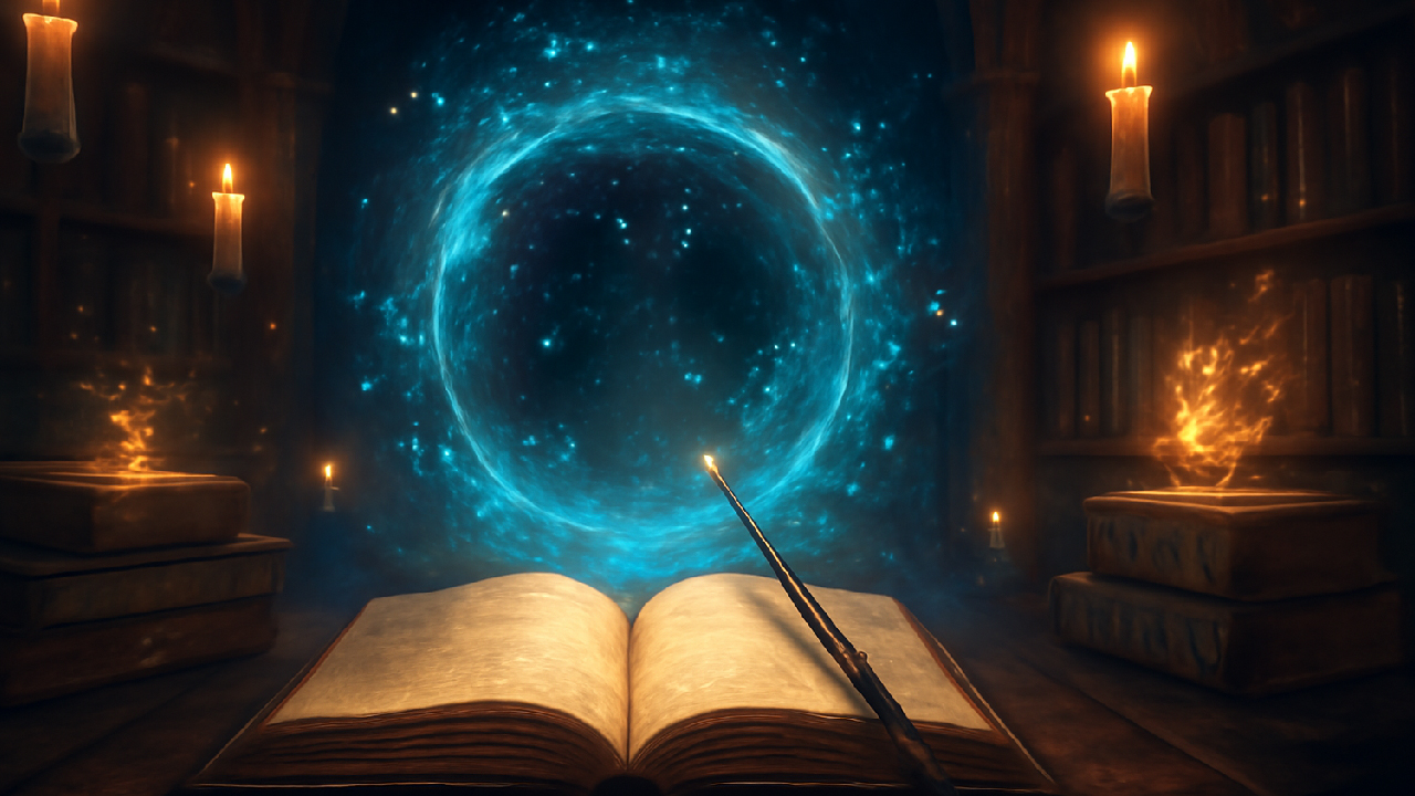 Magical Harry Potter-inspired library scene with a glowing open book, wizard’s wand, floating candles, and a sparkling portal in the background. The enchanted atmosphere is filled with mystical symbols and glowing books, capturing the essence of fanfiction possibilities in a cozy, mysterious setting.