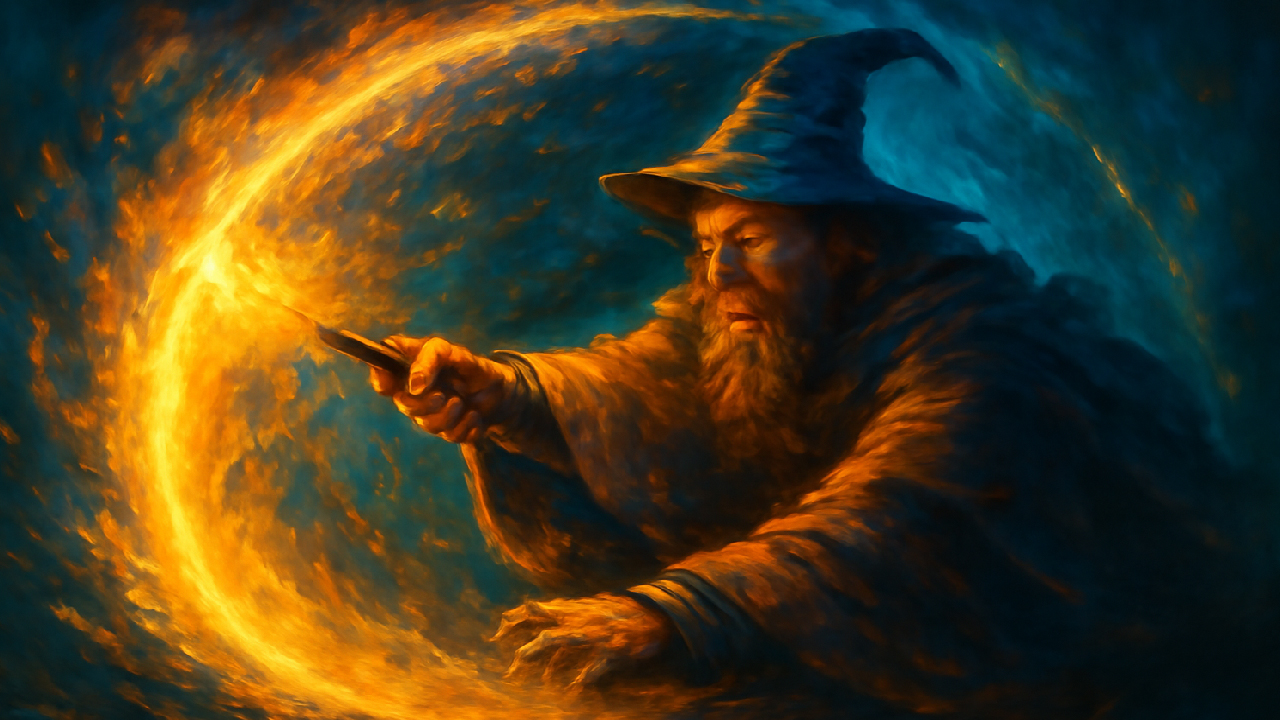Powerful wizard casting a spell, with a swirling circle of fiery magic emanating from his wand. The scene is filled with intense orange and blue hues, showcasing the wizard in a detailed, dynamic pose wearing a pointed hat and a flowing robe, evoking a sense of magic and strength in a fantastical setting.
