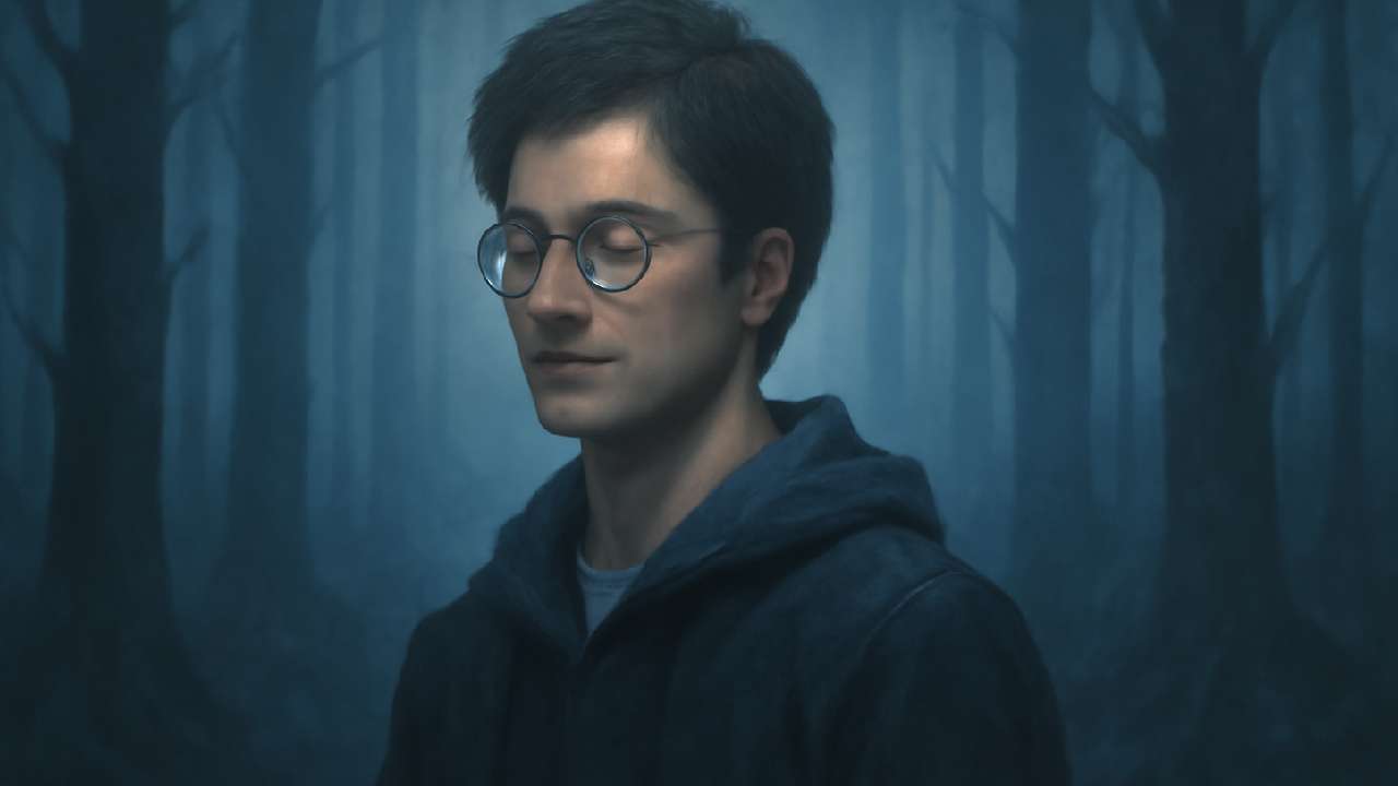 Harry Potter, standing tall with a serene expression, showcases his transformation as his glowing scar evolves from a fiery, painful light to a soft, peaceful glow. The misty forest background symbolizes his growth and acceptance, marking his journey from victim to hero.