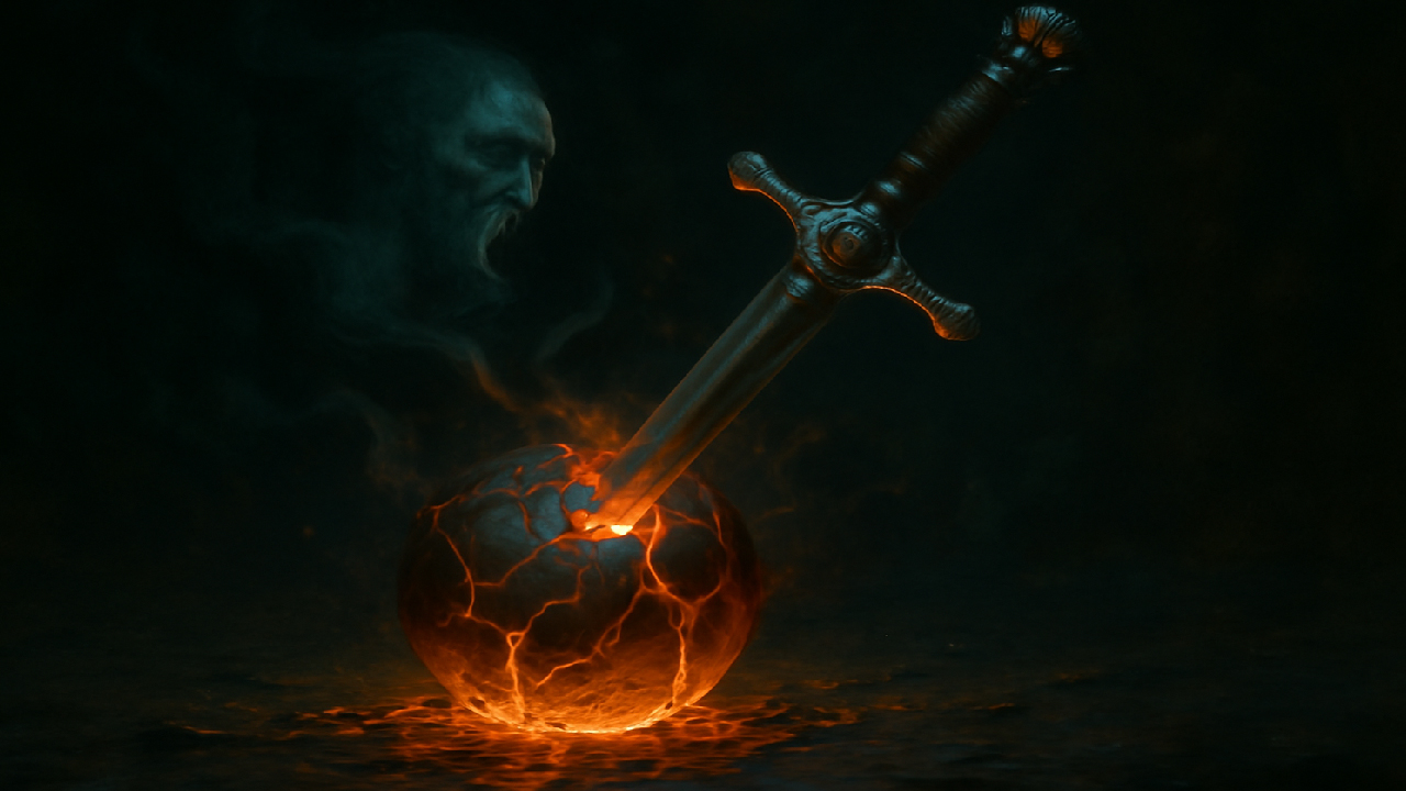 An enchanted sword, similar to the Sword of Gryffindor, piercing a glowing Horcrux. The object cracks open, emitting fiery orange and yellow light, while a dark soul fragment with a skull-like face emerges and begins to fade, symbolizing the destruction of a Horcrux.