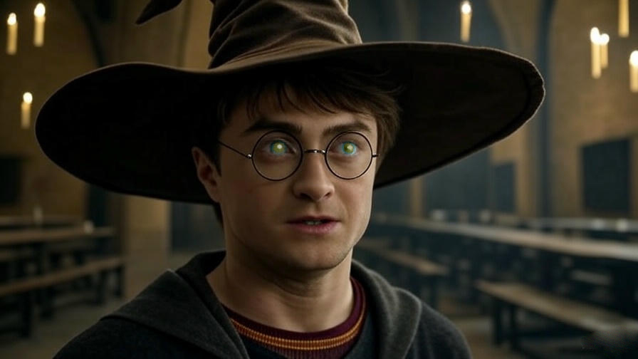 Harry Potter wearing the glowing Sorting Hat during the Hogwarts Sorting Ceremony, with a tense expression and mystical energy, set in the enchanted Great Hall with floating candles.