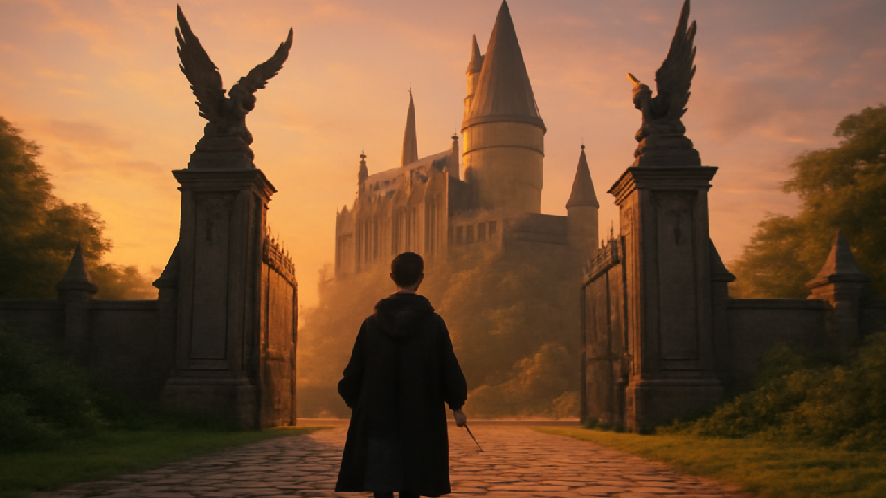 A young traveler in wizarding robes walking towards the majestic Hogwarts gates at sunset, with a wand in hand and a sense of anticipation in the air. The scene is bathed in warm golden light, creating a magical and awe-inspiring atmosphere as Hogwarts Castle looms in the background. 