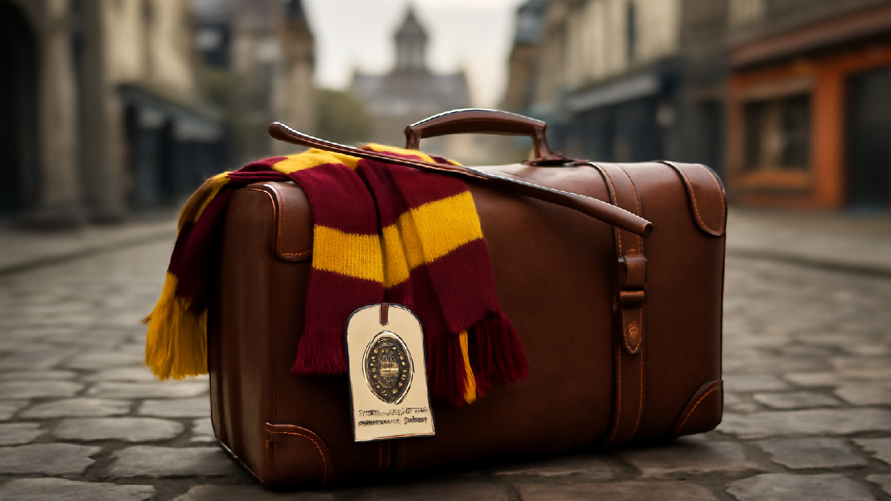 A vintage brown leather suitcase with a Harry Potter themed luggage tag, Gryffindor scarf, and wand sticking out, placed on a cobblestone street. The background features subtle magical landmarks, evoking the enchanting atmosphere of the Wizarding World.
