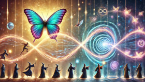 Magical wizards casting spells along an infinite swirling path, with vibrant butterflies and cosmic elements, symbolizing time travel, transformation, and endless possibilities.