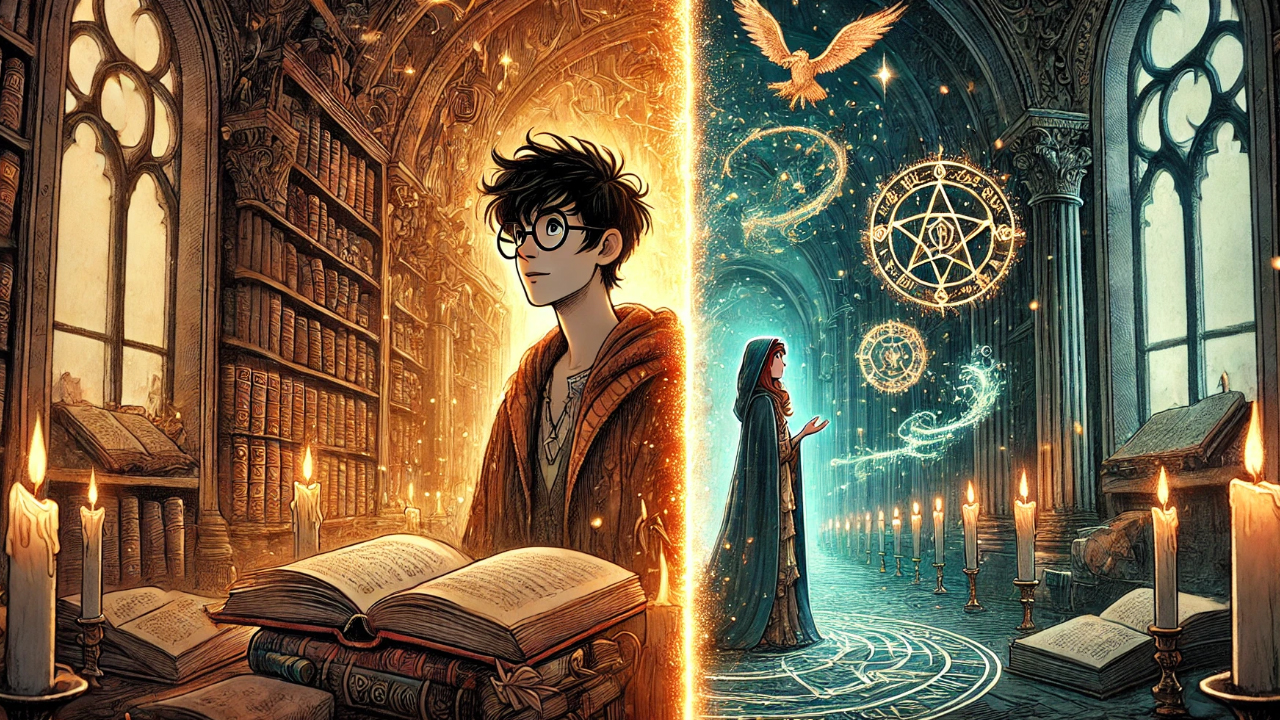 A magical illustration featuring Harry Potter standing between two worlds: a library filled with ancient books on one side and a mystical, spell-casting realm on the other, with glowing symbols and an owl flying overhead.
