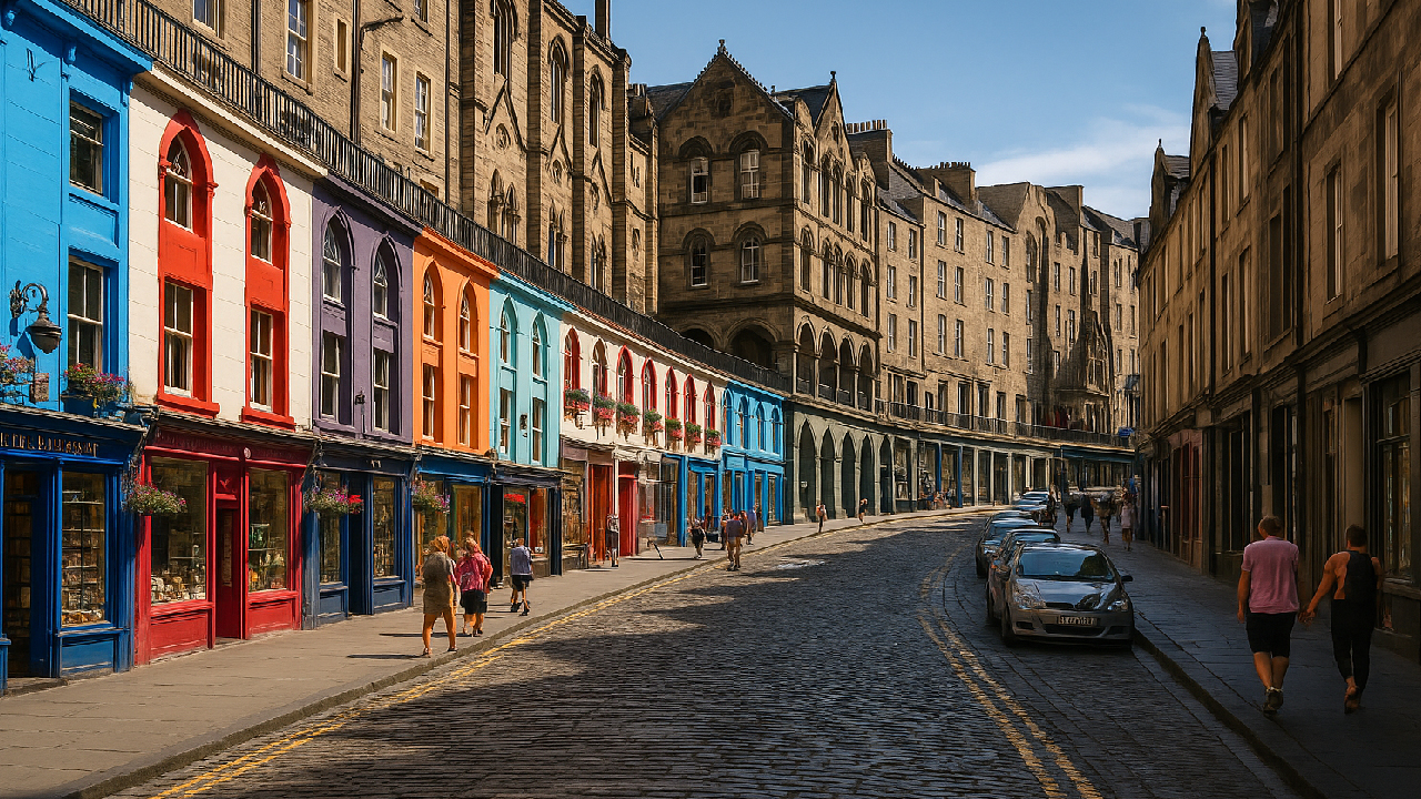 Victoria Street Edinburgh with colorful shopfronts, curved cobblestone street, historic architecture — real-life inspiration for Diagon Alley.