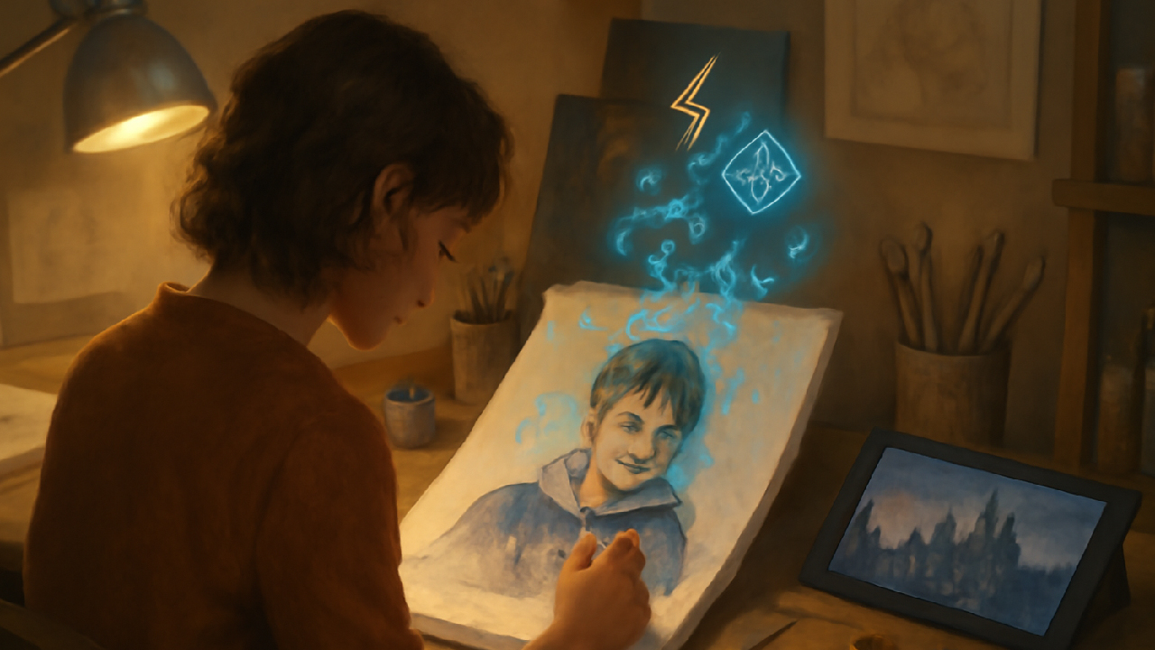 A young artist sitting at a wooden desk in a cozy studio, creating Harry Potter fan art. The artist sketches a portrait of Harry Potter surrounded by art supplies, with magical glowing symbols floating above the artwork. The atmosphere is warm and creative, blending traditional and digital art tools, with a tablet displaying Hogwarts in the background. 