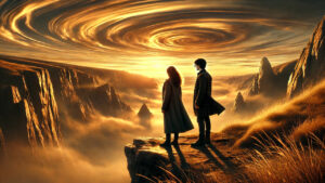 Two figures standing on the edge of a cliff, gazing at a swirling time vortex in the sky, set in a dramatic and mystical landscape filled with golden light and towering mountains.