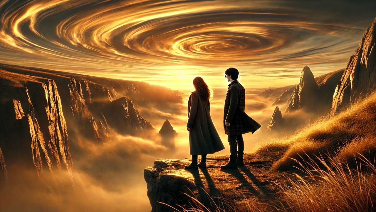 Two figures standing on the edge of a cliff, gazing at a swirling time vortex in the sky, set in a dramatic and mystical landscape filled with golden light and towering mountains.