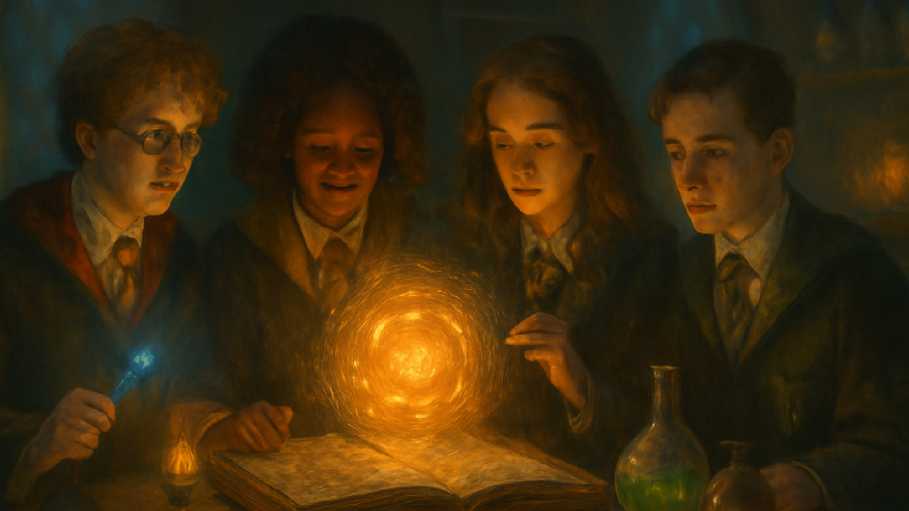 Digital painting of Hogwarts students from Gryffindor, Hufflepuff, Ravenclaw, and Slytherin collaborating on a magical project in a classroom. The students, dressed in their house colors, focus on conjuring a glowing orb of light above an ancient tome. The scene is filled with magical tools, potions, and enchanting lights, highlighting teamwork, unity, and the power of magic in an atmospheric setting.