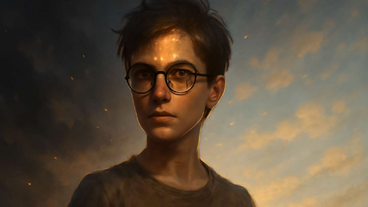 A young boy with glasses and a glowing lightning-shaped scar on his left forehead, standing confidently against a stormy sky transitioning to clear skies. The scar radiates a warm golden light, highlighting his determined expression, while glowing embers float around him, symbolizing strength, resilience, and personal growth.