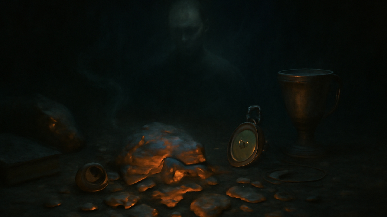 Shattered fragments of a glowing soul scattered around dark magical objects, including a tarnished cup, a book, and a pocket watch. In the background, a faint, fading figure represents the loss of humanity caused by creating Horcruxes, with ethereal glowing pieces symbolizing the fragmentation of the soul. 