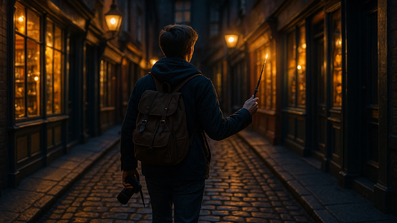 A person walking through a magical London alley inspired by Diagon Alley, holding a wand and camera, cobblestone street, glowing lamps — whimsical Harry Potter atmosphere.
