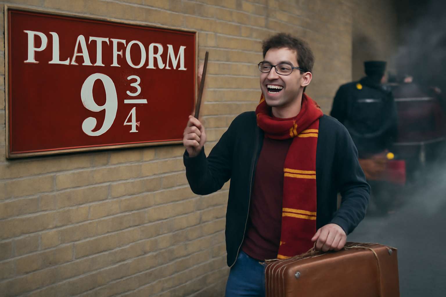 Harry Potter fan standing excitedly at Platform 9 3/4 with a suitcase and wand, smiling as he prepares for his magical journey, with the iconic sign clearly visible in the background and the Hogwarts Express steaming behind him.
