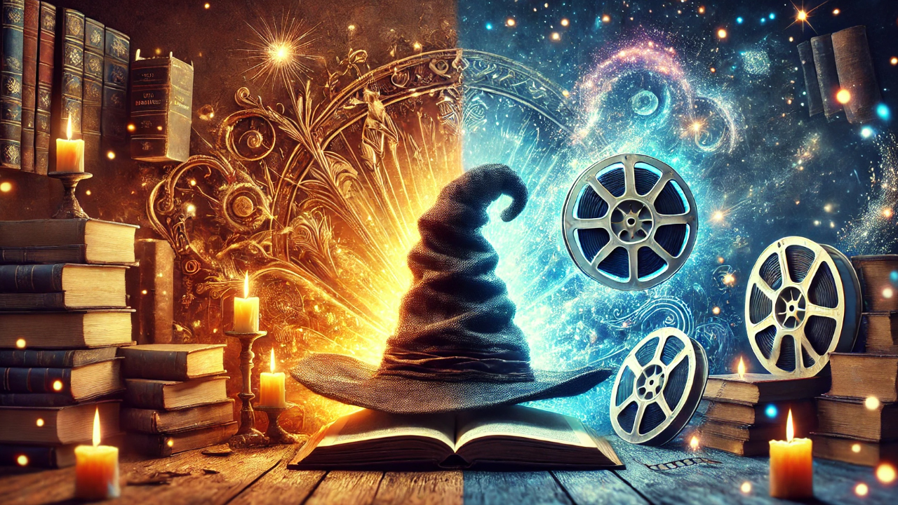 A magical scene split between the world of books and films, featuring the Sorting Hat, an open book, candles, and film reels, symbolizing the contrast between the Harry Potter books and movies.