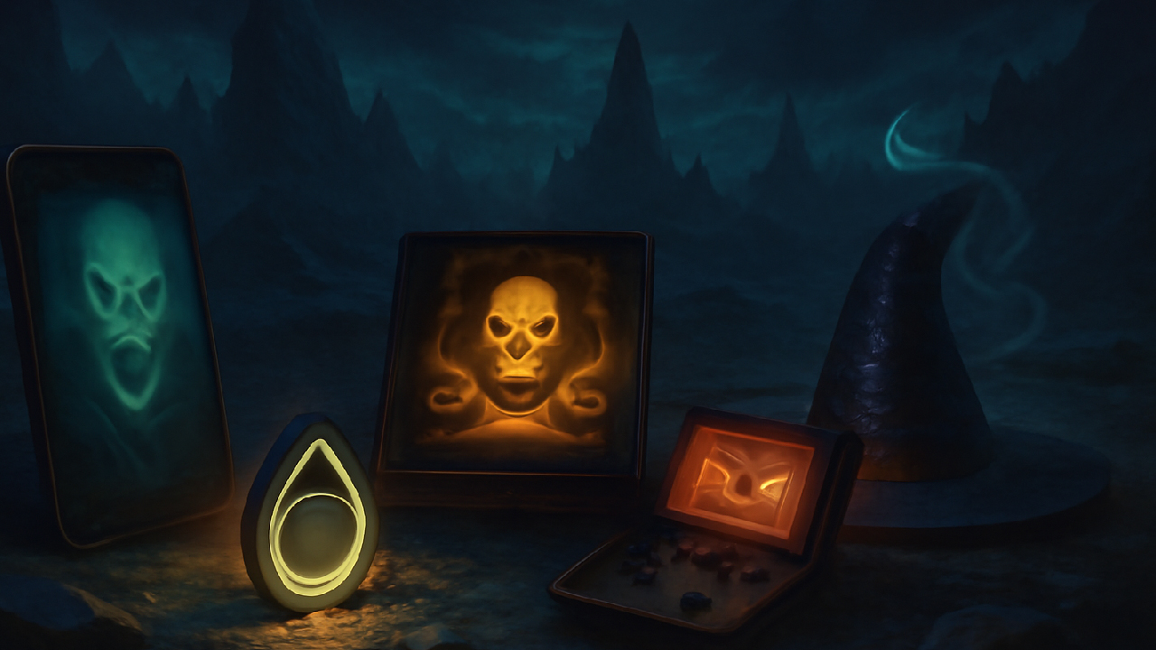 A collection of modern magical objects inspired by Horcruxes, including a smartphone, ring, spellbook, gaming device, and wizard's hat. Each object glows ominously in a fantastical rocky landscape, with eerie, ghostly faces appearing on their surfaces, evoking a sense of dark magic and mystery.