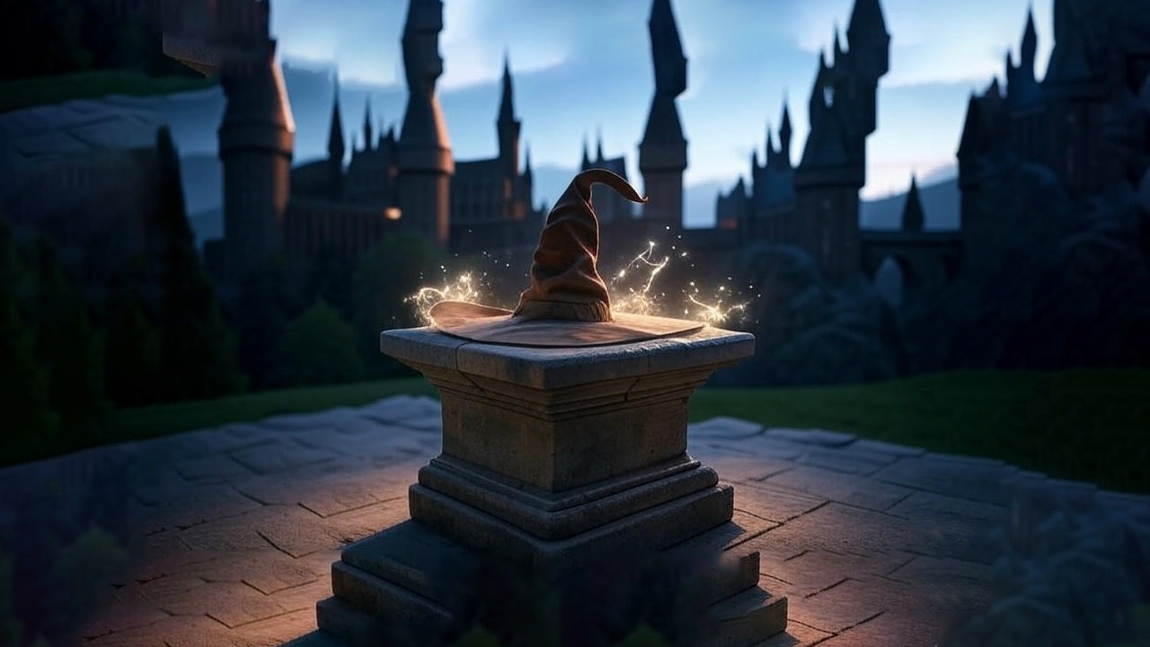 The Sorting Hat glowing with magical energy on an ancient pedestal, set against the enchanting backdrop of Hogwarts Castle at twilight, symbolizing its timeless magic and legacy.