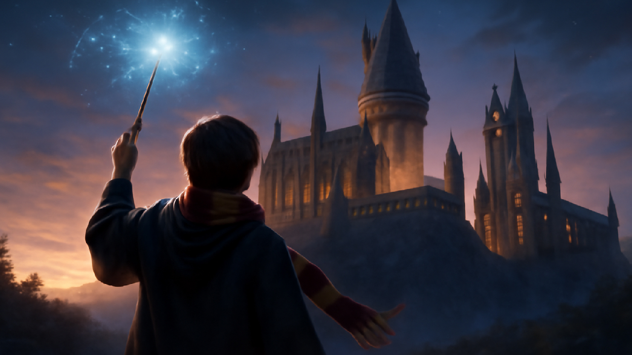 A young wizard standing in front of Hogwarts Castle at twilight, casting a spell with a glowing wand. The castle is bathed in warm golden light, creating a magical and exciting atmosphere as the sky transitions from deep blue to a soft orange.
