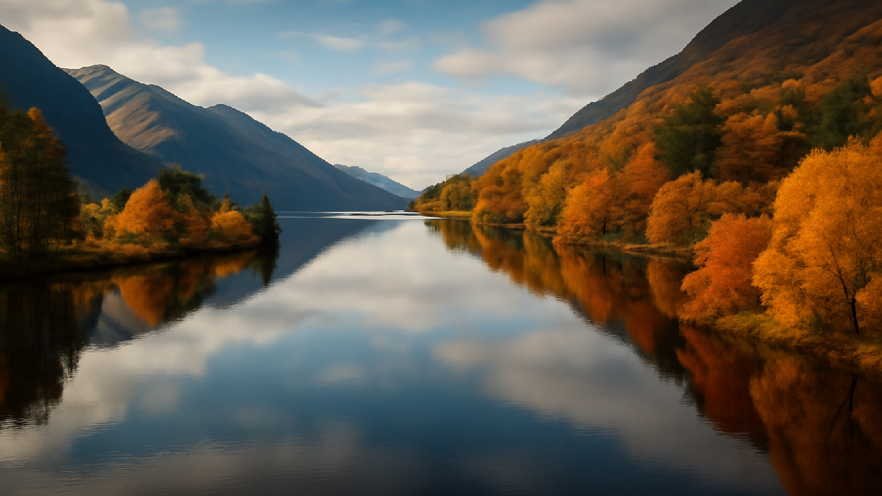 Serene autumn scene at Loch Shiel in the Scottish Highlands, with calm waters reflecting vibrant fall foliage in gold, orange, and red, and majestic mountains in the background, evoking the magical ambiance of the Hogwarts arrival scene.
