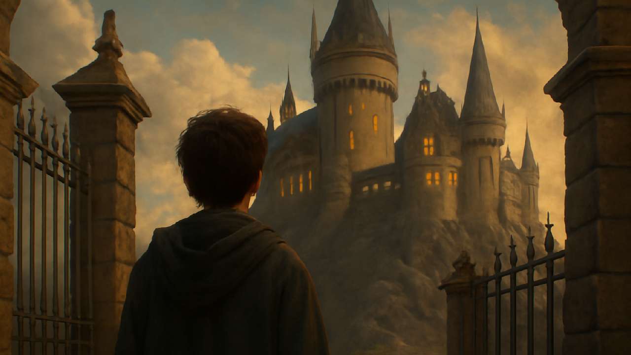 A young person standing at the gates of Hogwarts Castle, mesmerized by its grandeur. The warm glow of sunset bathes the majestic stone structure, casting a sense of awe and wonder over the scene. The intricate stone pillars and ornate gate lead the way to the castle, inviting the person into the magical world of Hogwarts, sparking anticipation for the adventure ahead.
