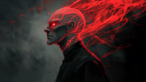 Dark, ominous portrayal of Voldemort with glowing red eyes and fiery energy emanating from his head, creating an intense and menacing atmosphere.