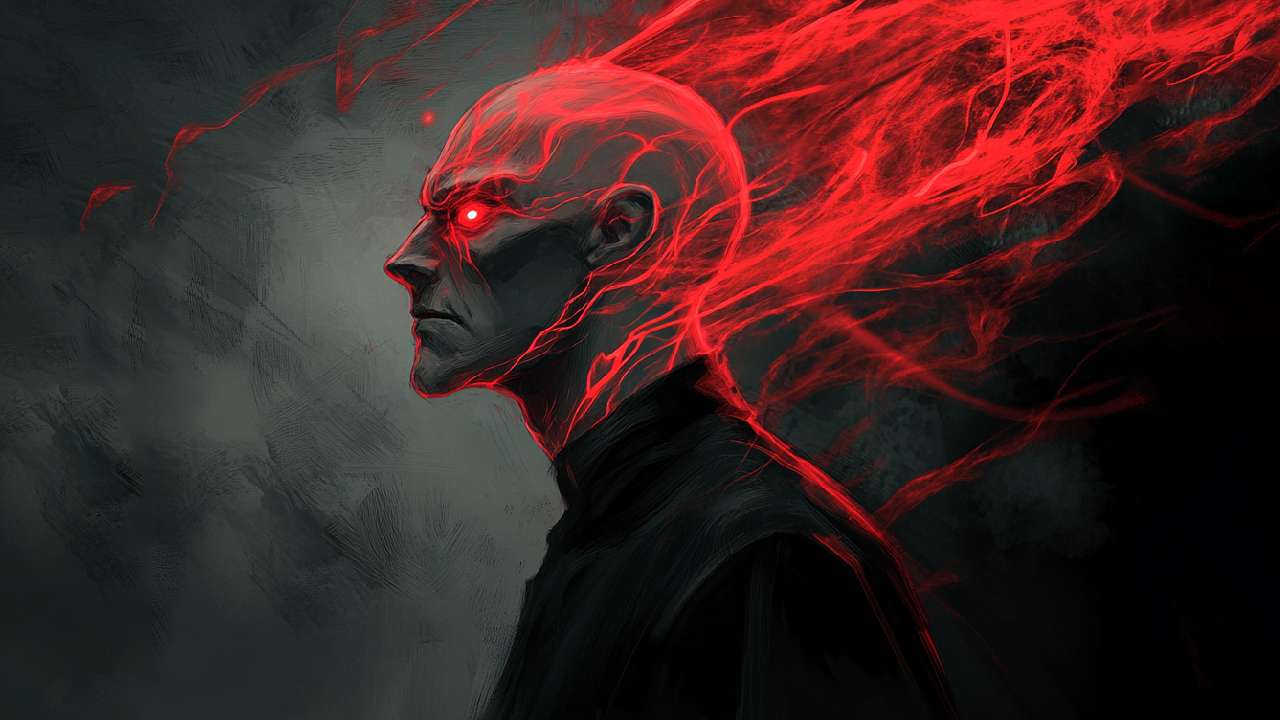 Dark, ominous portrayal of Voldemort with glowing red eyes and fiery energy emanating from his head, creating an intense and menacing atmosphere.