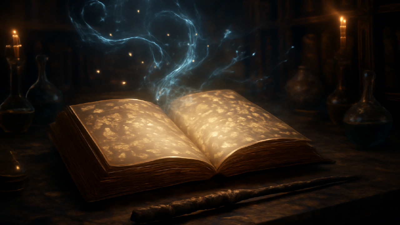 Magical scene depicting an open ancient book glowing with mystical light, surrounded by potion bottles and candles. A wand rests beside the book, and ethereal wisps of blue magic rise from the pages, creating a sense of enchantment and wonder in a dimly lit, wizarding library setting. 