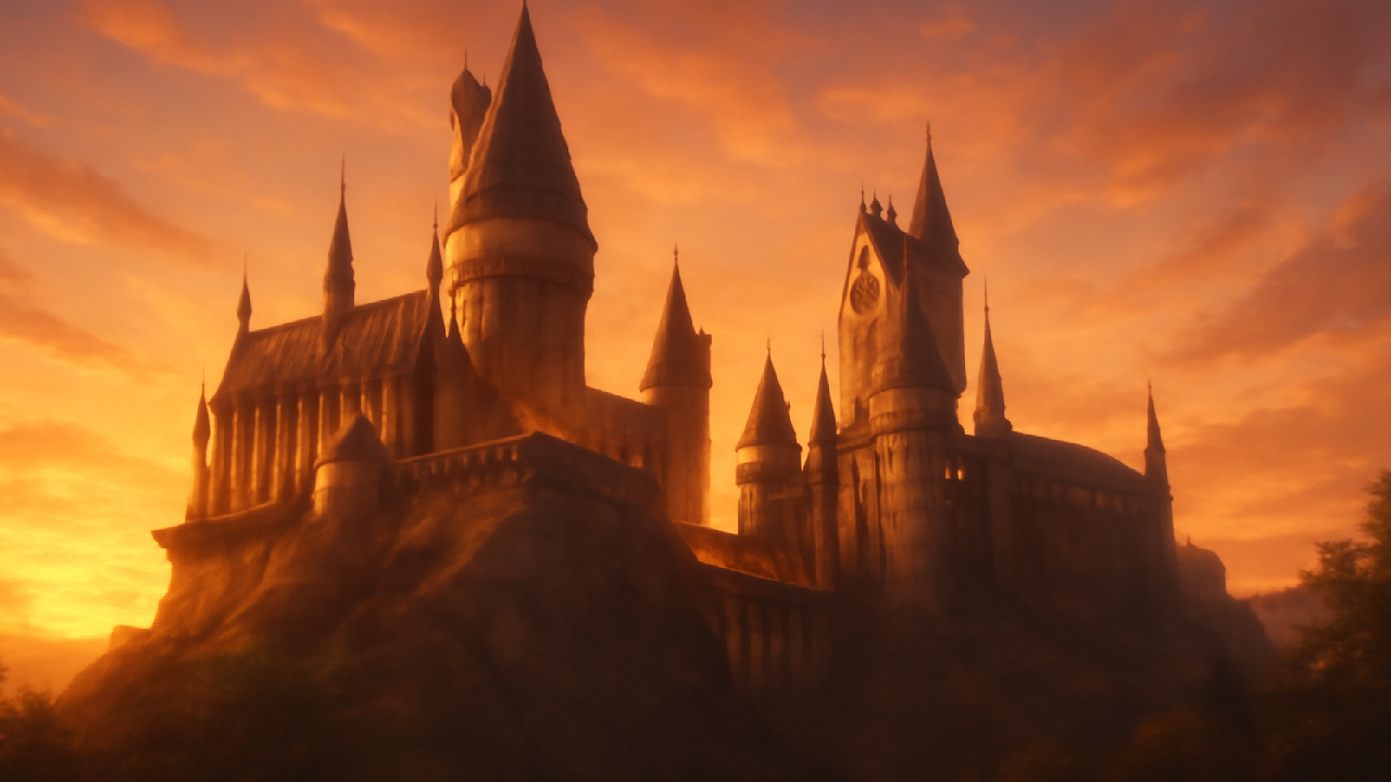 A sunset view of Hogwarts Castle, bathed in golden light, with towering Gothic spires and turrets silhouetted against a vibrant sky, capturing the magical and enchanting atmosphere of the Wizarding World.