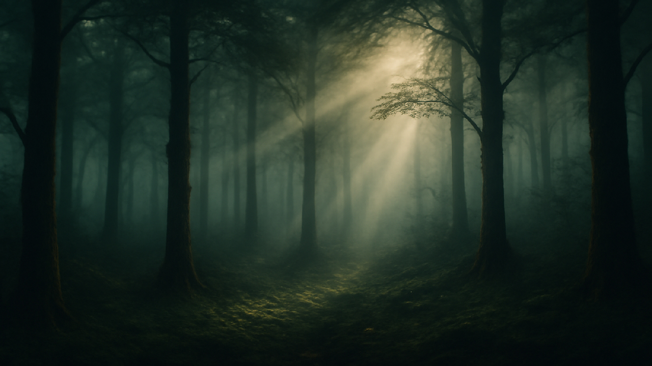 Misty, atmospheric forest scene at Glen Etive, with towering trees shrouded in fog and sunlight streaming through the mist, creating a magical, mysterious atmosphere reminiscent of the Forbidden Forest's eerie beauty in Harry Potter.
